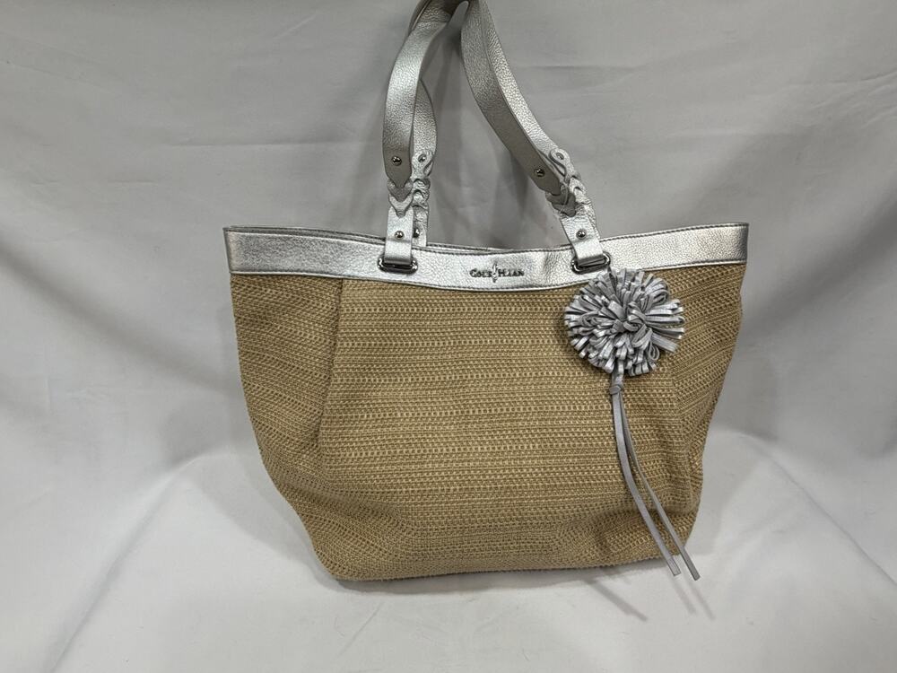 Cole Haan Woven Shoulderbag Purse Casual Bag Tan and Silver Beachy Resort